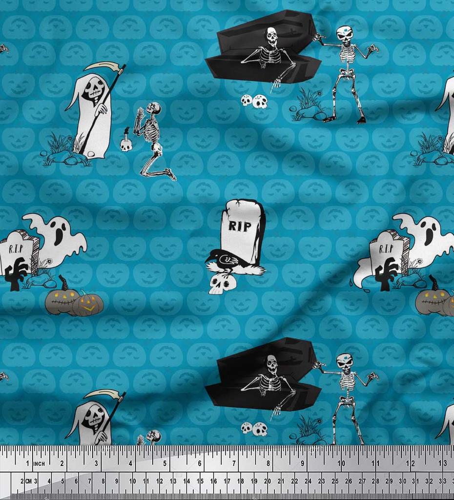Soimoi Green Japan Crepe Satin Fabric Pumpkin & Skull Halloween Print Fabric by metre 42 Inch