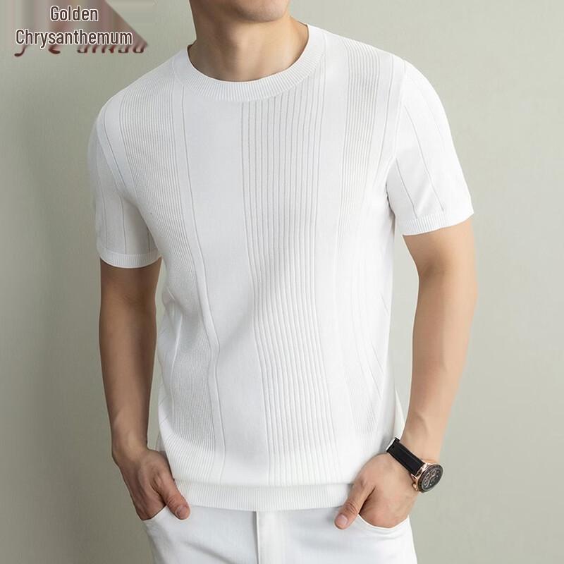 Jinjuan Men s Striped Round Neck Silk Blend T-Shirt XL