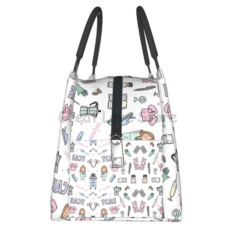 Doctors Nurse Print Thermal Lunch Bag Women Portable Insulated Cooler Bag for Picnic Work Reusable Packed Lunch Box Bags