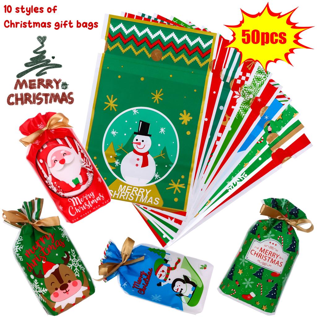 50Pcs Small Christmas Gift Bags Goody Bags Reusable Chrismas Drawstring Wrapping Bags Xmas Gift Sacks Treat Bags For School Offi