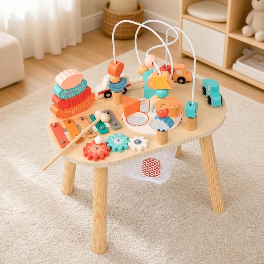 Wooden Activity Table with Bead Maze Educational for Playroom, Little Ones