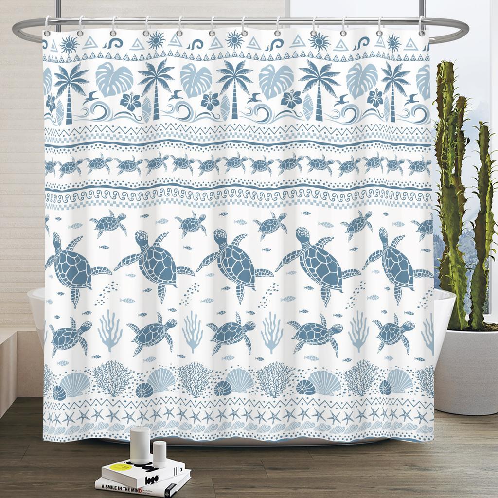 Marine Life  Shower Curtain Turtle Shells Starfish Anchor Ocean Style With Hooks Bathroom Decor Curtain Waterproof Sea Theme