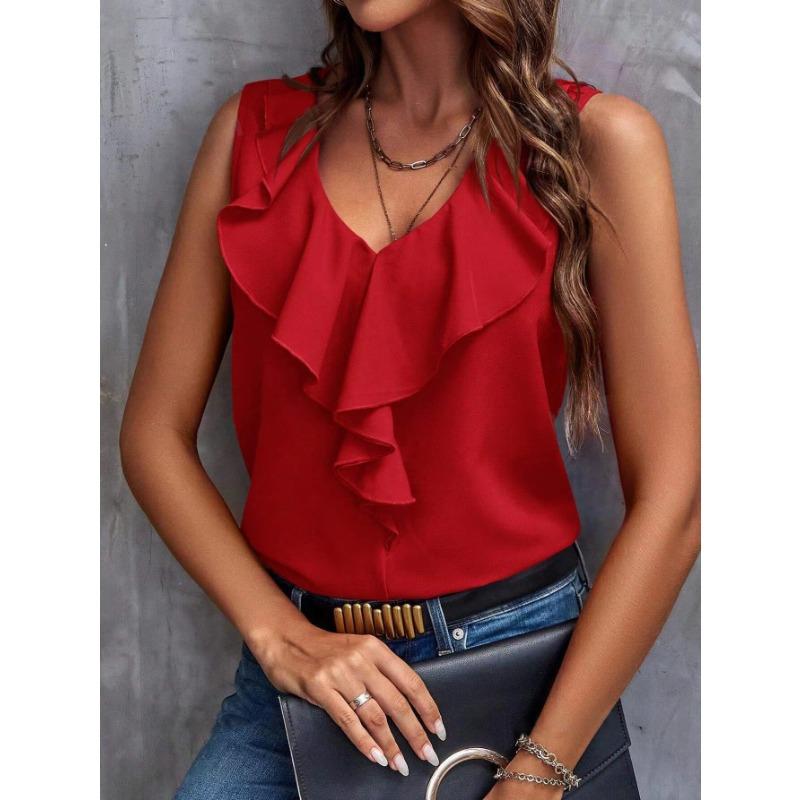 Summer Women's Shirt Fashion Solid Colour Lace V-Neck Sleeveless Top