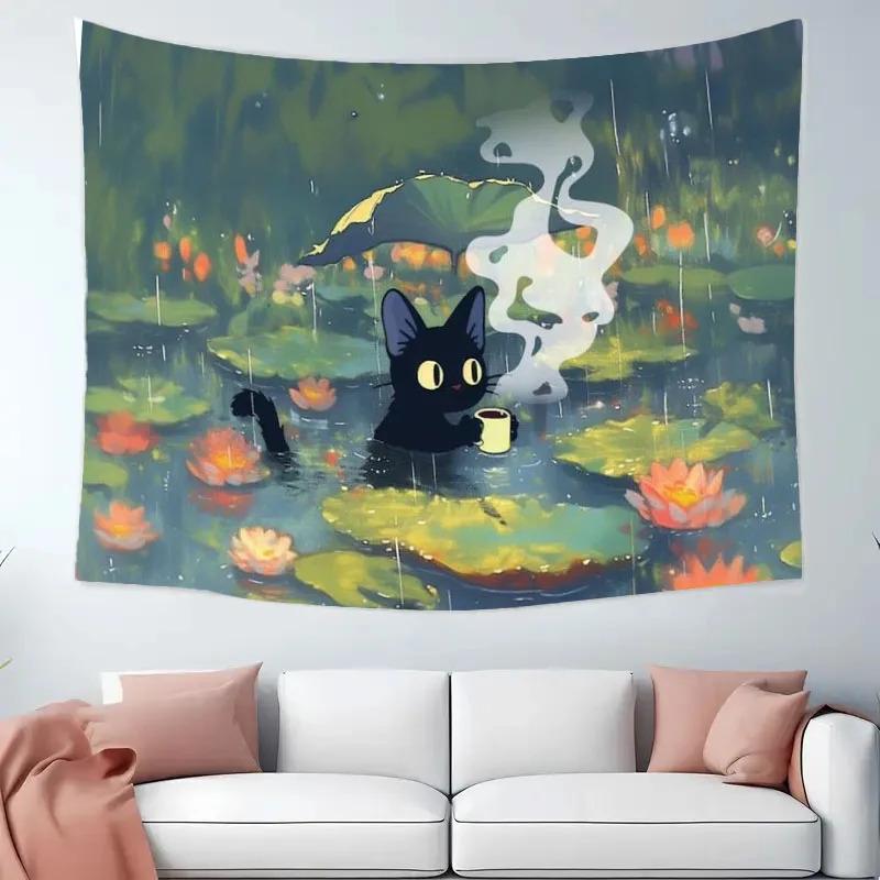 Dark Cute Tapestry, Tarot-Patterned Black Cat Witchcraft Style, Gothic Bedroom/Study/Cozy Mysterious Space Decor