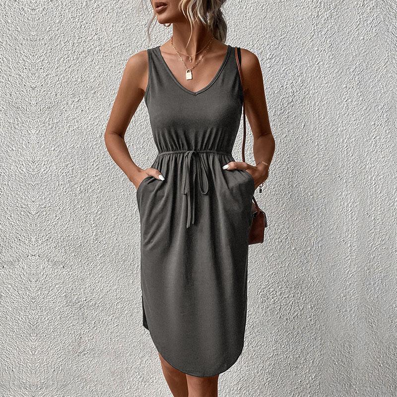 Abito estivo da donna senza maniche tinta unita con scollo a V e lacci