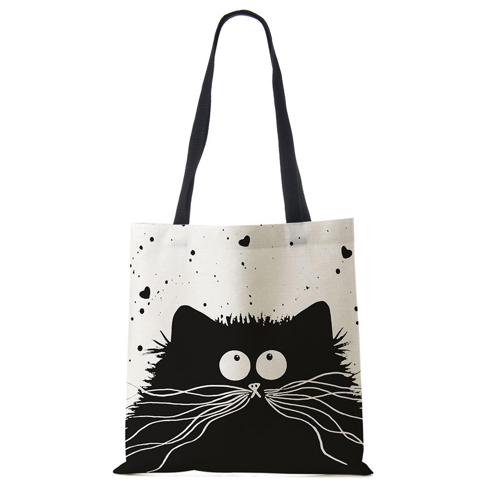 Customized Tote Shopping Bag Cute Cat Printing Women Handbag Linen Totes with Print Logo Casual Traveling Beach Bags