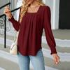 Women's Fashion Square Neck Color Pleated Long Sleeve Tuxedo Shirt Top
