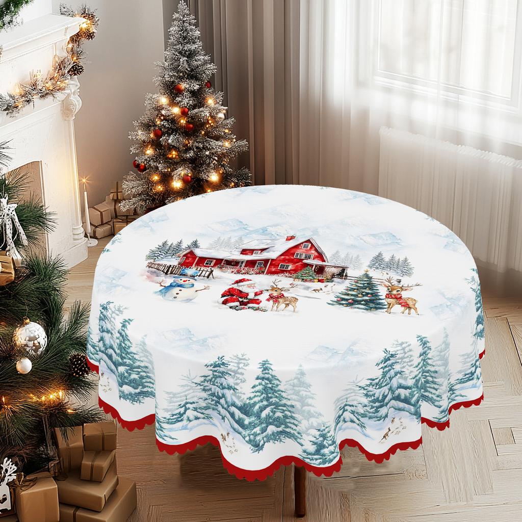 1 Piece Of Christmas Round And Rectangular Tablecloth, Available In Various Sizes, White Snow And Santa Claus Gift Box Snowflake White Tablecloth, Sui