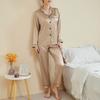 Yousheng 2 Pcs/Set Pajamas Suit Satin Single-breasted Cardigan Shirt V Neck Notch Collar Solid Color Shirt Wide Leg Loose Trousers Nighty Suit