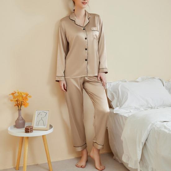 Yousheng 2 Pcs/Set Pajamas Suit Satin Single-breasted Cardigan Shirt V Neck Notch Collar Solid Color Shirt Wide Leg Loose Trousers Nighty Suit