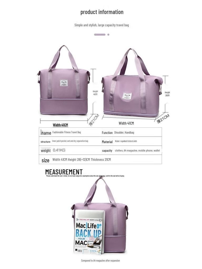 Women's Lightweight Large-Capacity Travel Bag for Short-Distance and Sports Trips