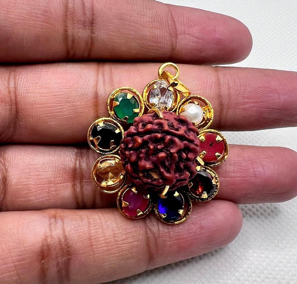Rudraksha Navratna Locket with Nine Gemstones, Spiritual Power Necklace Pendant, Perfect for Meditation & Healing, Perfect for Everyday Wear