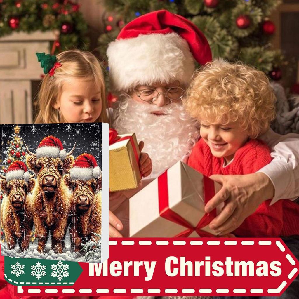 24 Days Christmas Advent Calendar Highland Cow Ornaments 2D Acrylic Cute Animal Christmas Tree Decorations Xmas Countdown Gifts