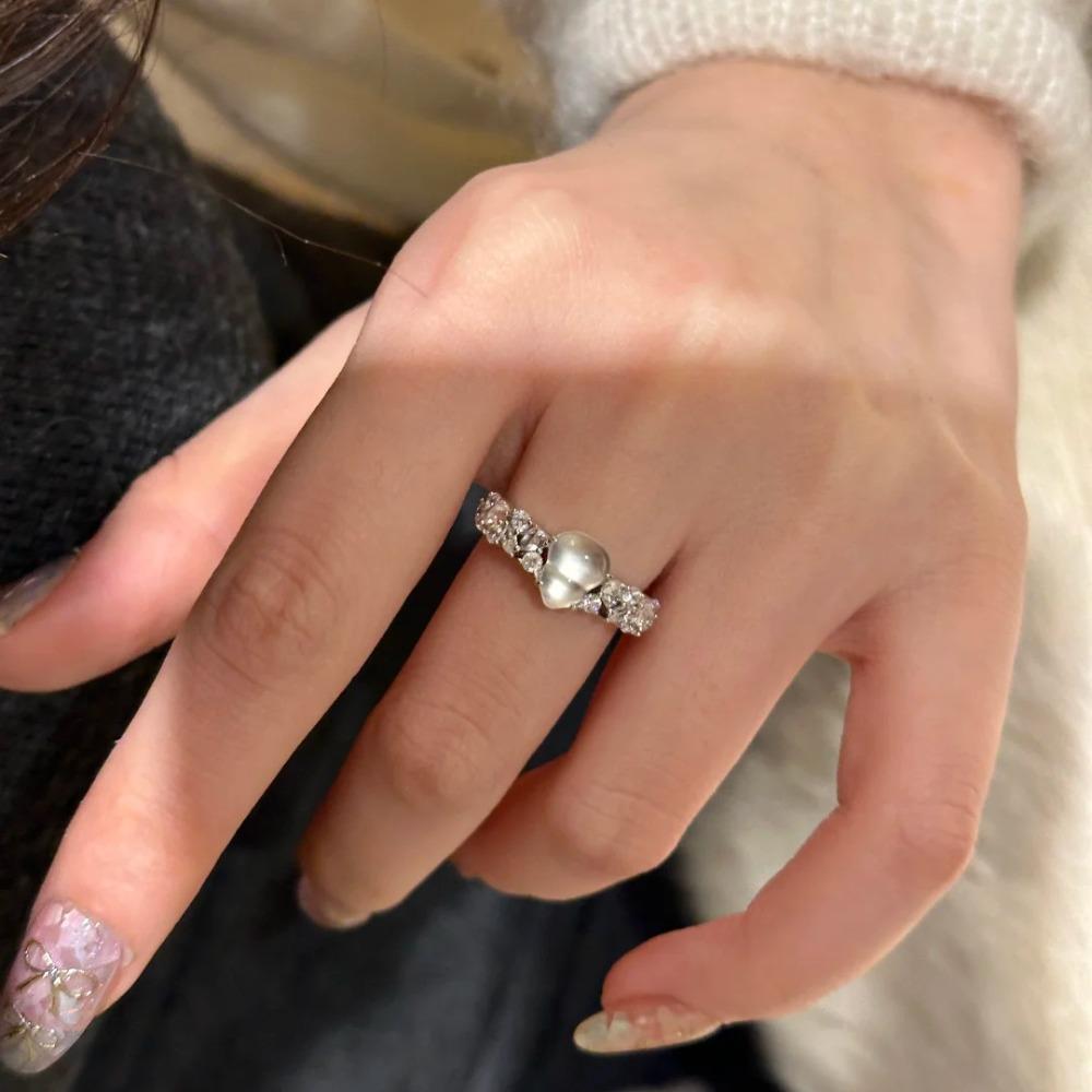 Natural Chalcedony Gourd Open Ring Women Elegant Chinese Design Full Inlaid Water Jade Female Ring adjustable