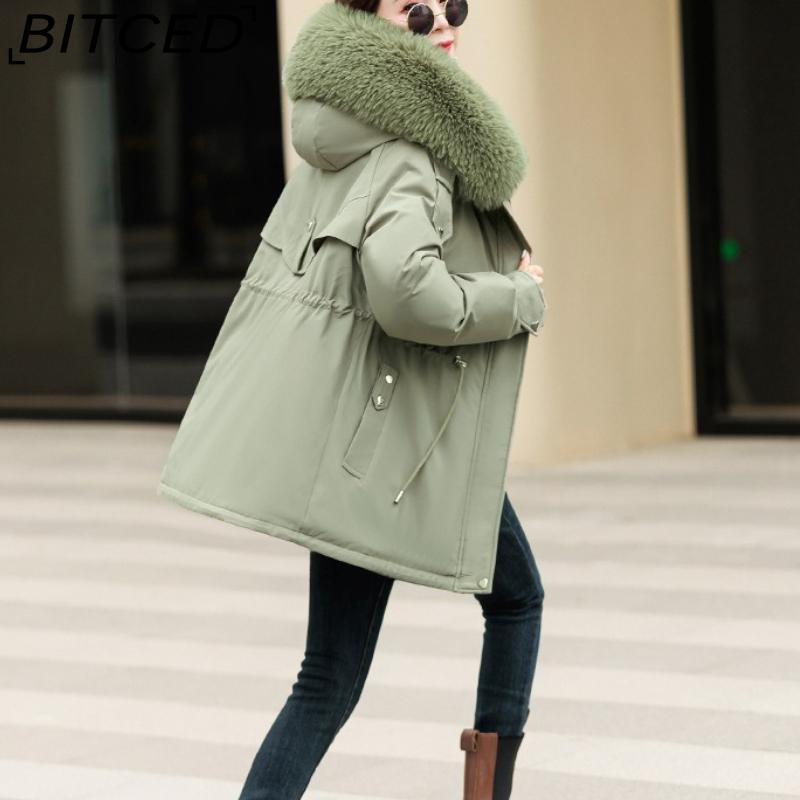 BITCED Fleece-Lined Thickened Down-Filled Cotton Coat for Women - Short Style Autumn/Winter Waist-Defining Design with Large Fur Collar