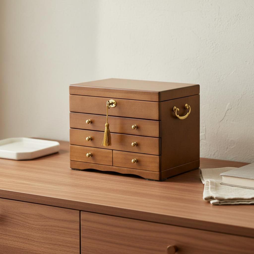 Large Wooden Jewelry Chest Organizer with Lock Drawer Holder for Rings Necklaces