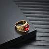 Gold-Plated Stainless Steel Ruby Ring, Great Wall Pattern, Unisex Fashion Ring, Fade-Resistant Jewelry