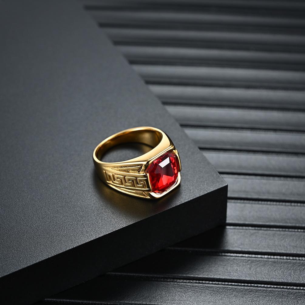 Gold-Plated Stainless Steel Ruby Ring, Great Wall Pattern, Unisex Fashion Ring, Fade-Resistant Jewelry