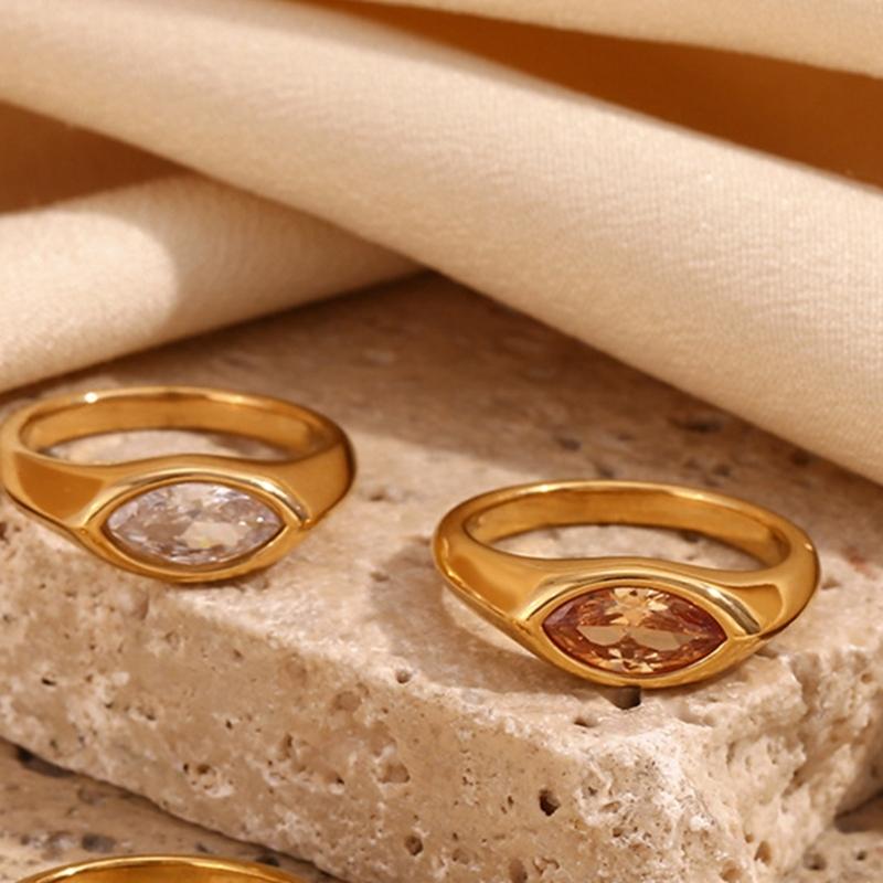Horse Eye Zircon Seal Ring Colorful 18K Gold Plated Ring Stainless Steel Finger Jewelry Everyday Wear Accessories