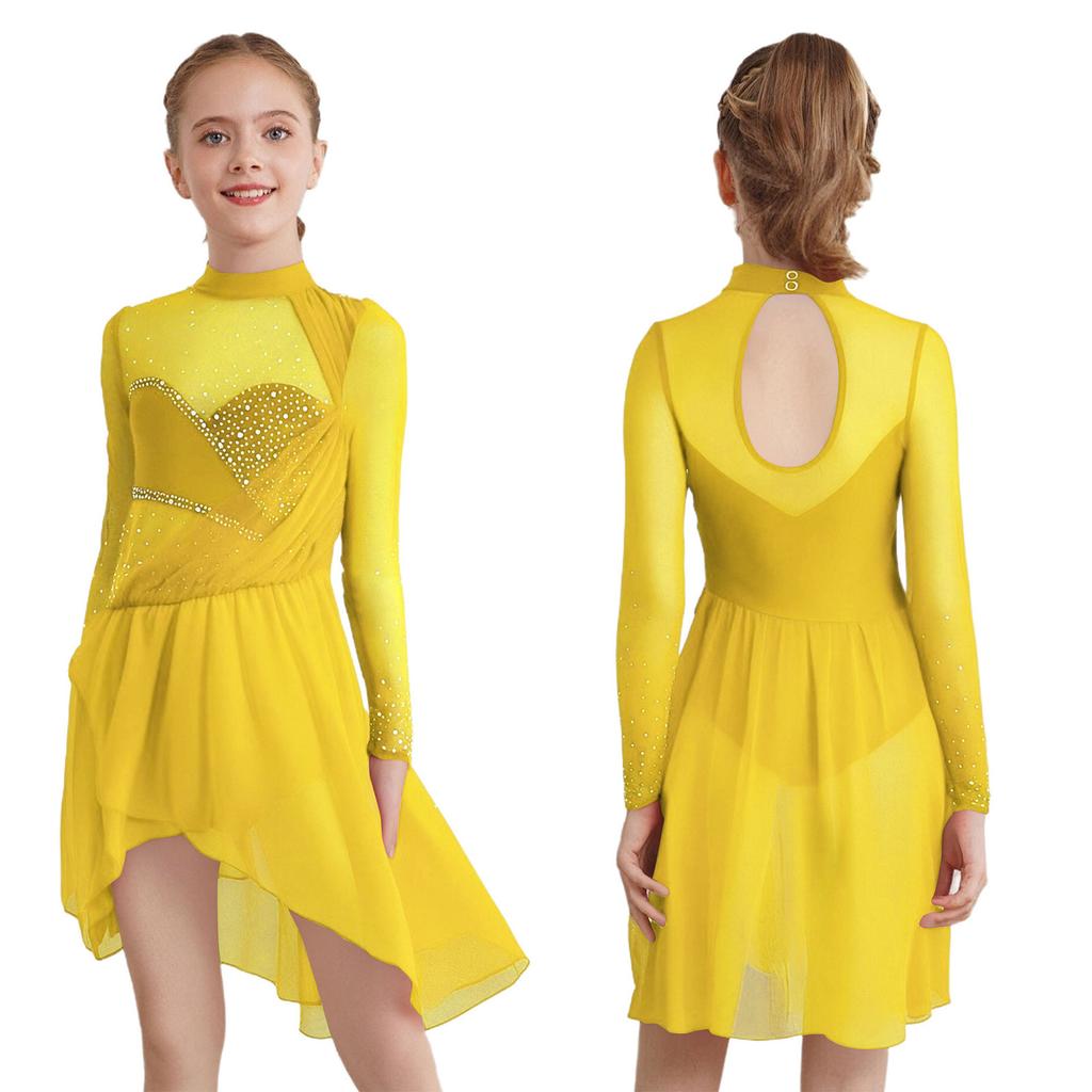 Girls Figure Skating Dance Dress: Sheer Mesh Patchwork Long Sleeves Mock Neck Keyhole Back Rhinestones Irregular Hem with Built-in Briefs