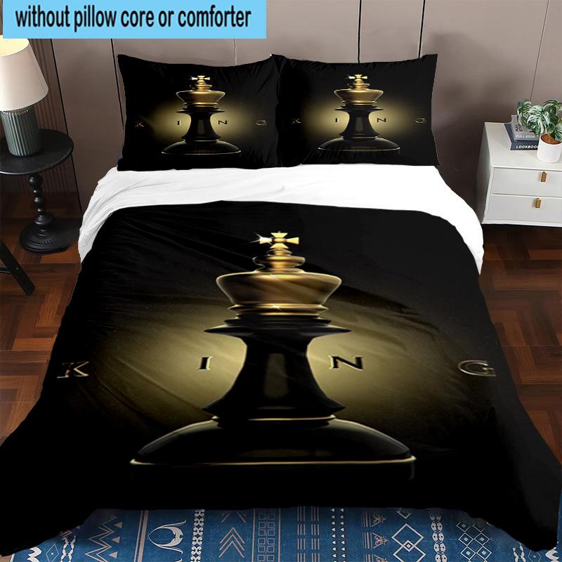 Golden Chess King On Black 3pcs Bedding,Including 1pc Duvet Cover And 2pcs Pillowcases Perfect for Christmas,Ideal for Bedroom, Dormitory
