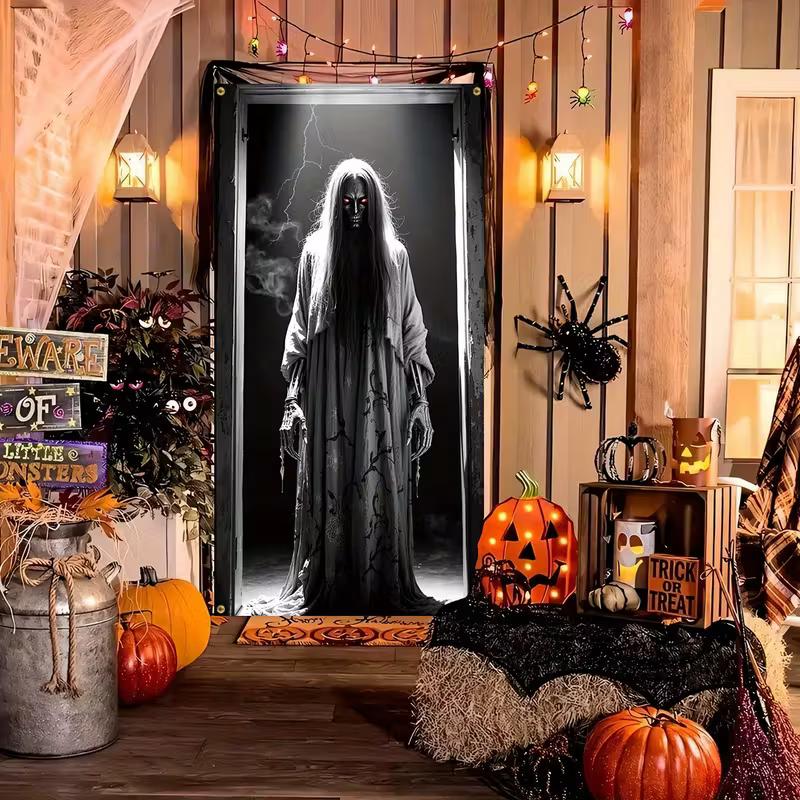 2D Creepy Halloween Ghost Door Banner, Spooky Skeleton Woman Backdrop