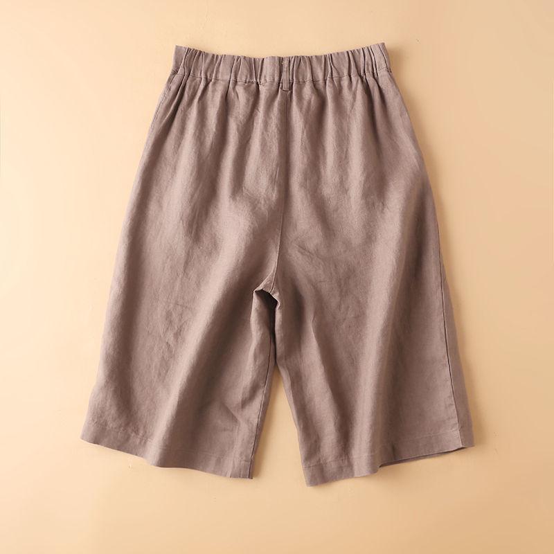 Women's Cotton Linen High Waist Wide-Leg Shorts - Summer Semi-Elastic Casual Five-Point Pants