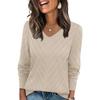 Women's V-Neck Hollow Out Knit Sweater Long Sleeve Loose Fit Casual Color Top