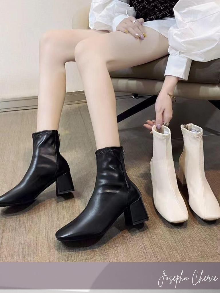 Short Boots with Back Zip Platform Sock Genuine Low Boot Large [Josepha Cherie] Women's - Knee-High Boots, Boots, Boots, Leather, Waterproof, Black,