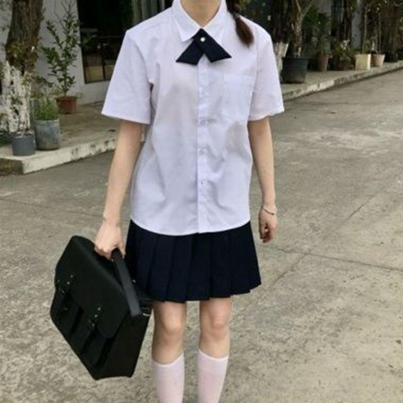 Thai JK Basic Short-Sleeved Uniform Square Neck Shirt - Milk White