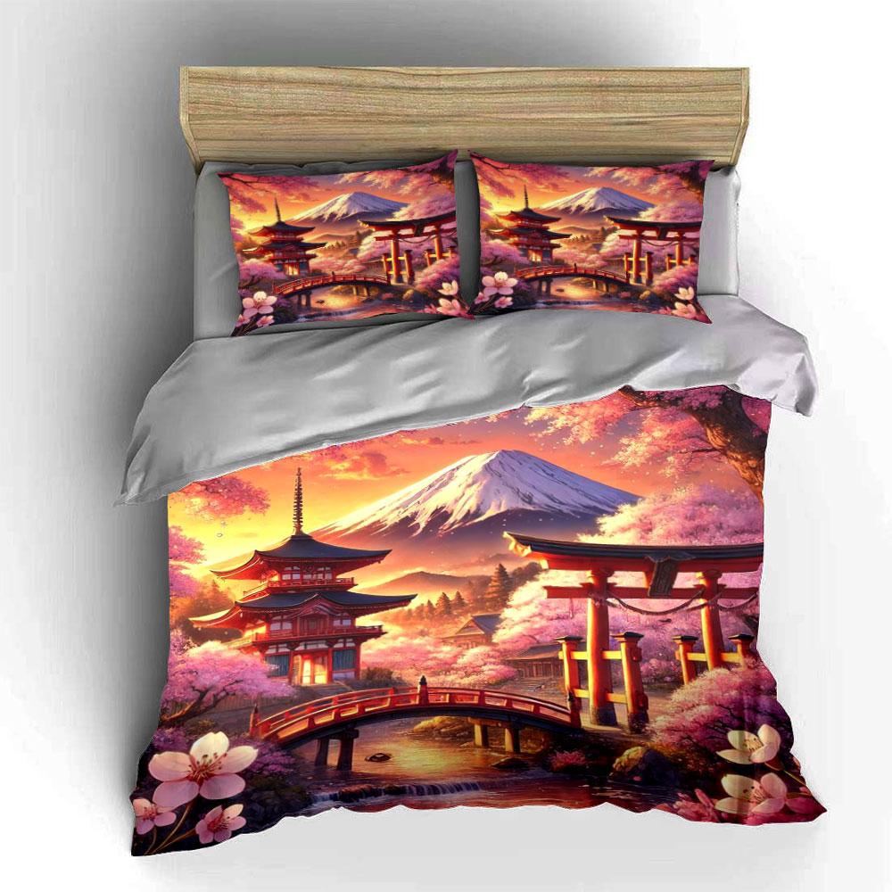 Cherry blossoms and pagoda. Bedding sets Duvet cover sets Duvet covers Pillowcases(1*Duvet Cover 2*Pillowcases without duvet insert)