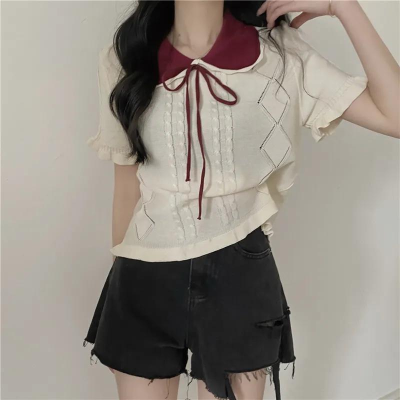 Women Bow Doll Collar Cable Knit Top