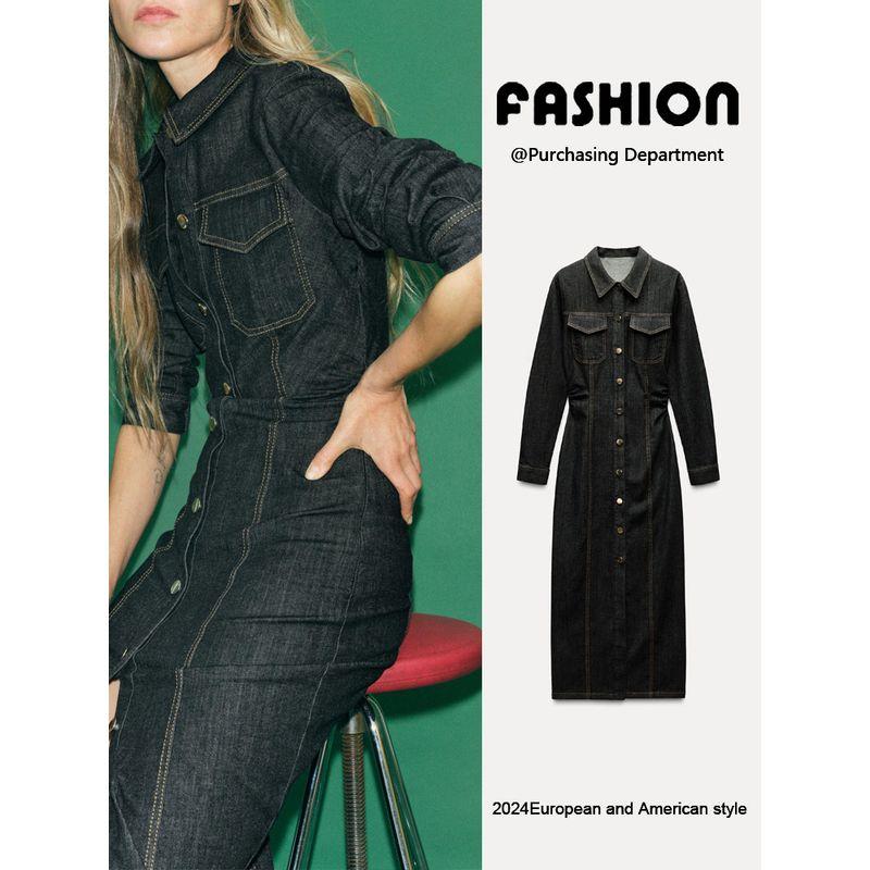 Za2025 Spring New Women's Clothing Simple Graceful All-Matching Jeans Long Sleeves Long Midi Skirt Dress 2270576