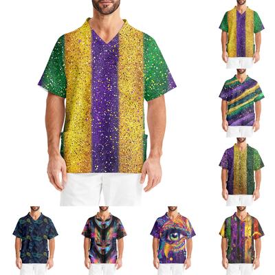 Men's Printing Short Sleeve V-neck Working Blouse Chest Pocket Carer Top