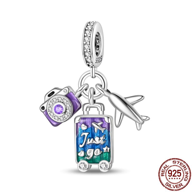 Copper Travel Series-Beach Ocean Suitcase Charms Fit Original 3Mm Pan Bracelet For Women Birthday Fine Jewelry Gift