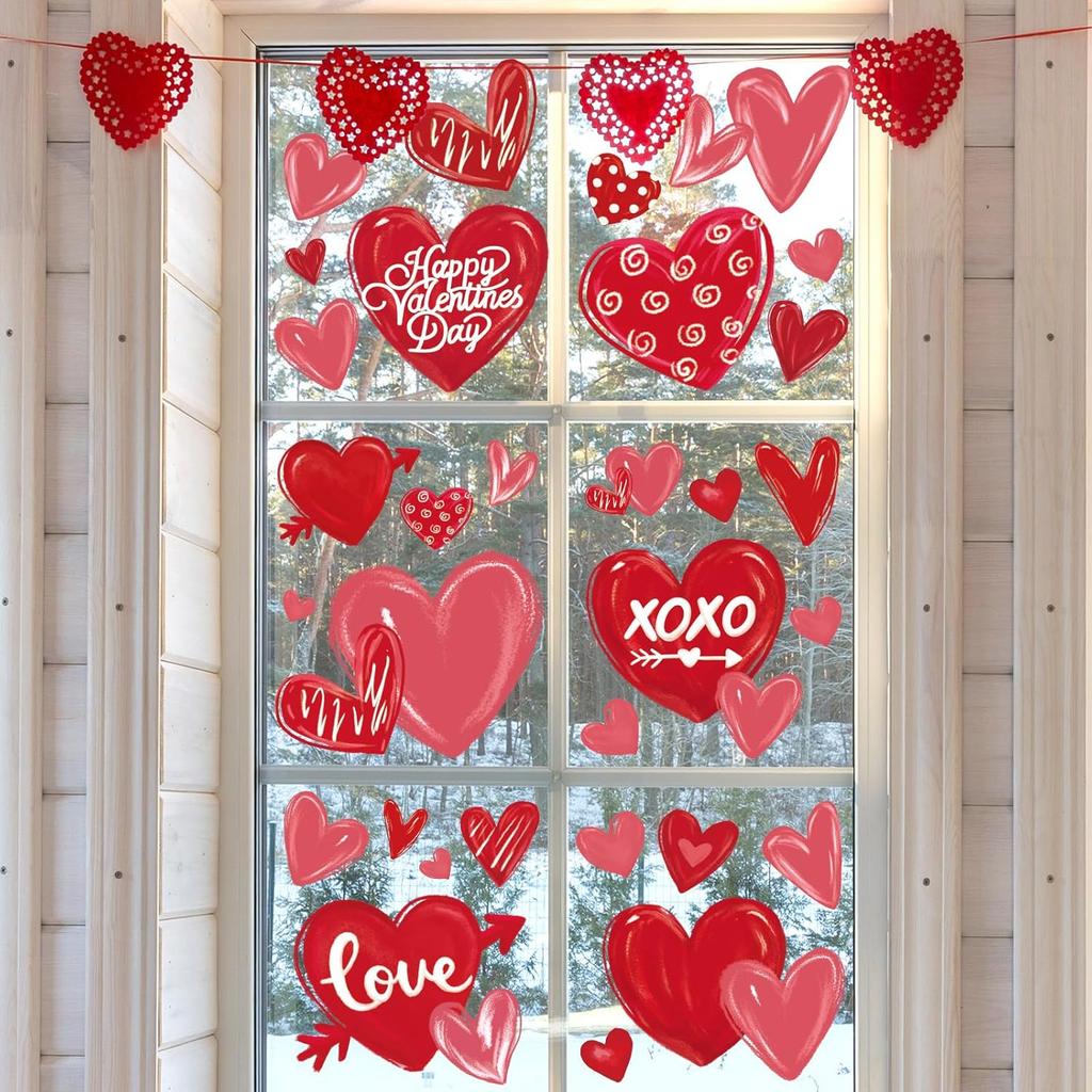 Whaline 9 Sheet Valentine's Day Heart Window Clings Red Pink Love Heart Reble Window Decals for Wedding Anniversary Home Office Classroom Window