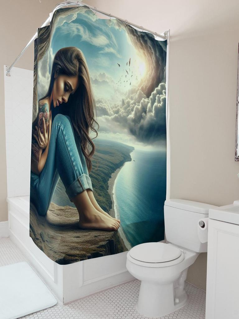 Dreamy Woman On Cliffside Shower Curtain - Waterproof, Mildew-Resistant, Machine Washable For Serene Bathroom Decor