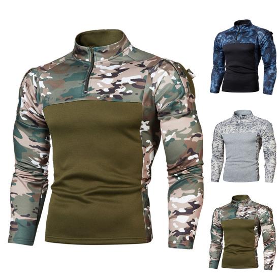 Men Fall Sweatshirt Patchwork Long Sleeves Camouflage Print Hip Hop Zipper Stand Collar Slim Fit Warm Wear-resistant Men Autumn Tops for Sports