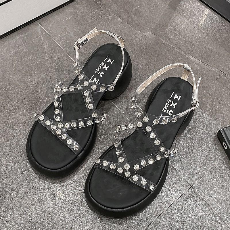 

Сексуальные босоножки с открытым носком и стразами для женской летней обуви, новые, на толстом каблуке, модные, универсальные, с темпераментом 40 чёрный