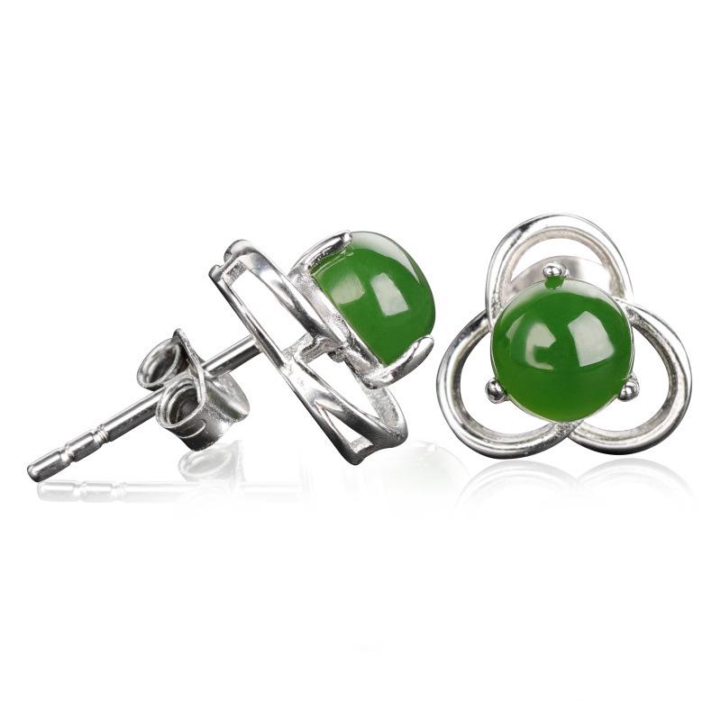 **Green Jade Flower Stud Earrings for Women - 925 Sterling Silver with Certificate**