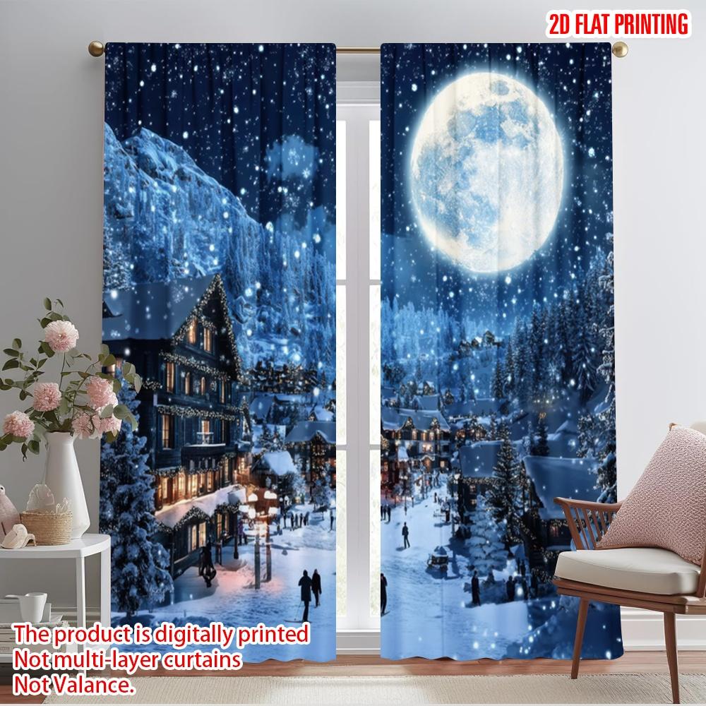 2pcs,2D Plane Printing Popular Curtains Winter Moonlit Village Polyester (without Rod) Decorations Outdoor for Living Room and