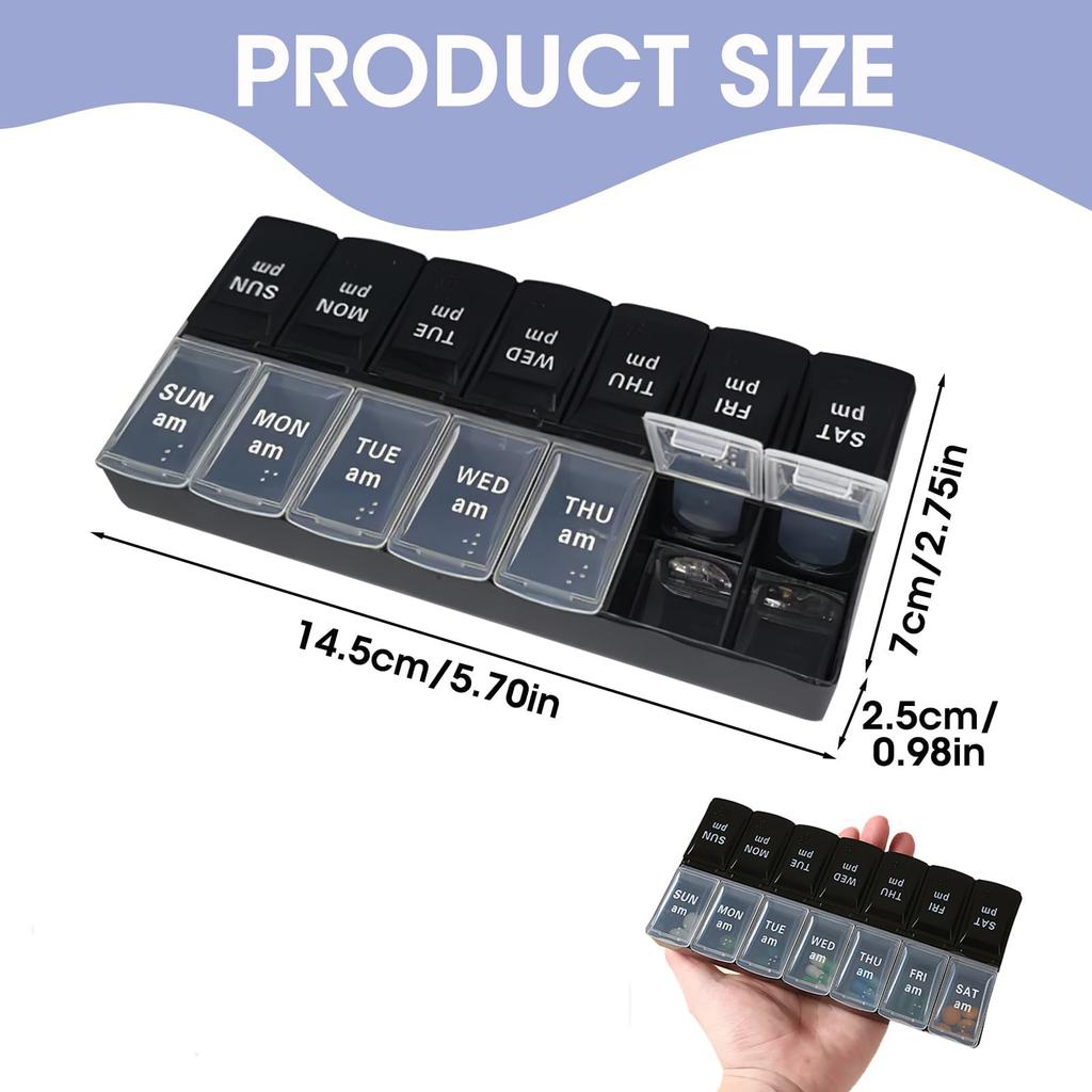 Weekly Pill Organizer 2 Times a Day Easy Fill & Open AM/PM Medicine Box 7 Day Vitamin Cases Day and Night 14 Compartments