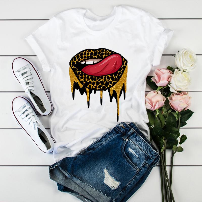 Women Lips Leopard Gold Glitter Print Trendy Graphic Designs T Shirt For Lady Shirt Harajuku O