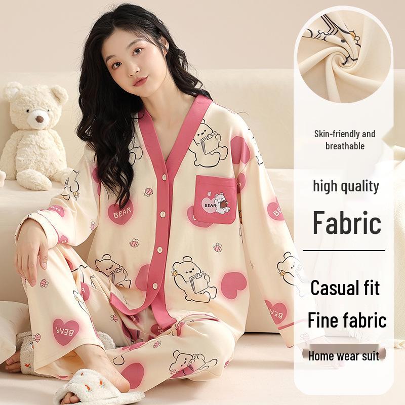 Autumn V-Neck Women's Pajamas Set: Cute Long-Sleeve, Plus-Size Homewear for Spring/Autumn.