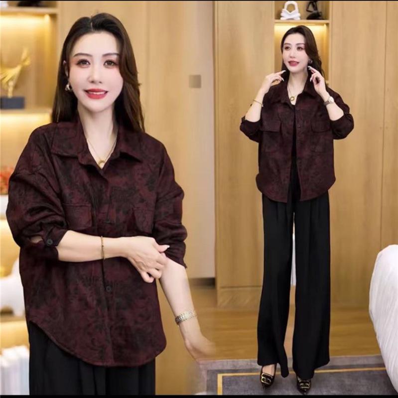 

2026 Spring Retro Print Elegant Loose-Fit Slimming Shirt Jacket for Mothers 5XL (170-200 lbs recommendation) красный
