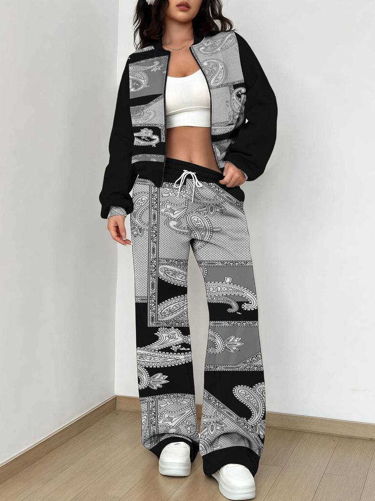 Splicing Autumn And Winter New European And American Women'S Clothing Retro Pattern Printing Suit Women