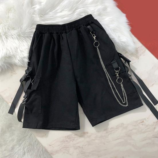 Mid-Rise Elastic Waistband Multi Pockets Chain Strap Decor Men Shorts Outdoor Fitness Cargo Short Pants