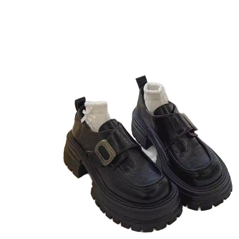 thick-soled thick heel British style small leather shoes women's 2025 new versatile height-increasing women's shoes genuine leather single shoes black