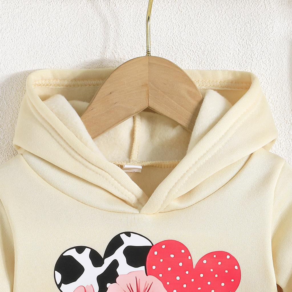 Modischer Zweiteiler für Mädchen, Pink, mit Kapuze, Herz- und Blumenmuster, Langarm, Lange Hose