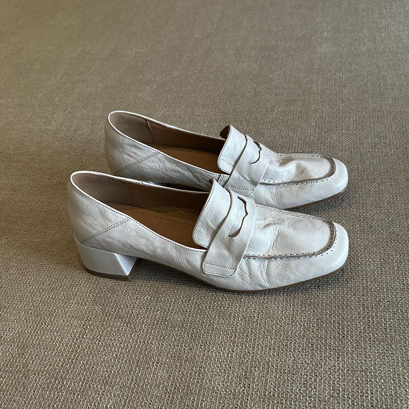 Cowhide version square head loafers women's 2025 spring and autumn new one-pedal casual small leather shoes high heel French single shoes women